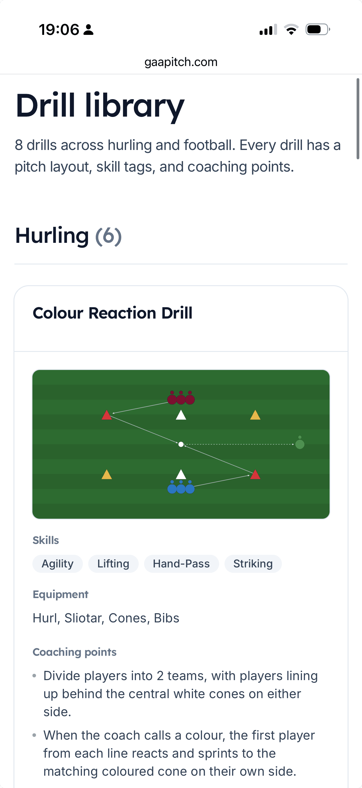 The GAA Pitch drill library, showing drills grouped by sport with a pitch diagram, skill tags, equipment, and coaching points on each card.