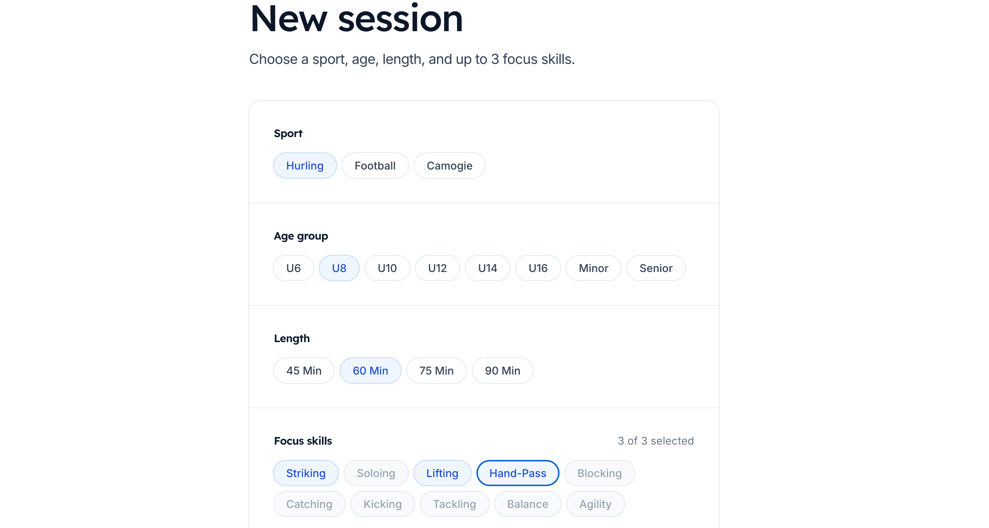 New session form choosing sport, age group, length and focus skills